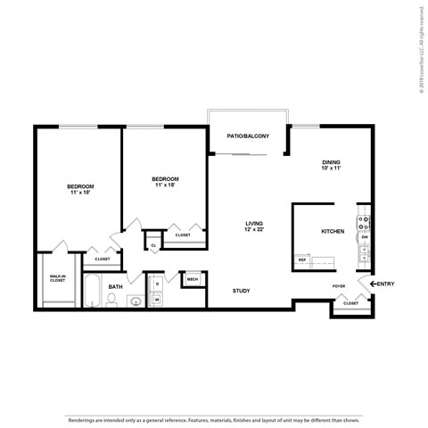 Floor plan for 2 beds, 1 bath, 1166 sqft
